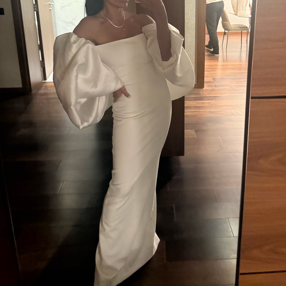 Solace London White Strapless Dress with Dramatic Sleeves